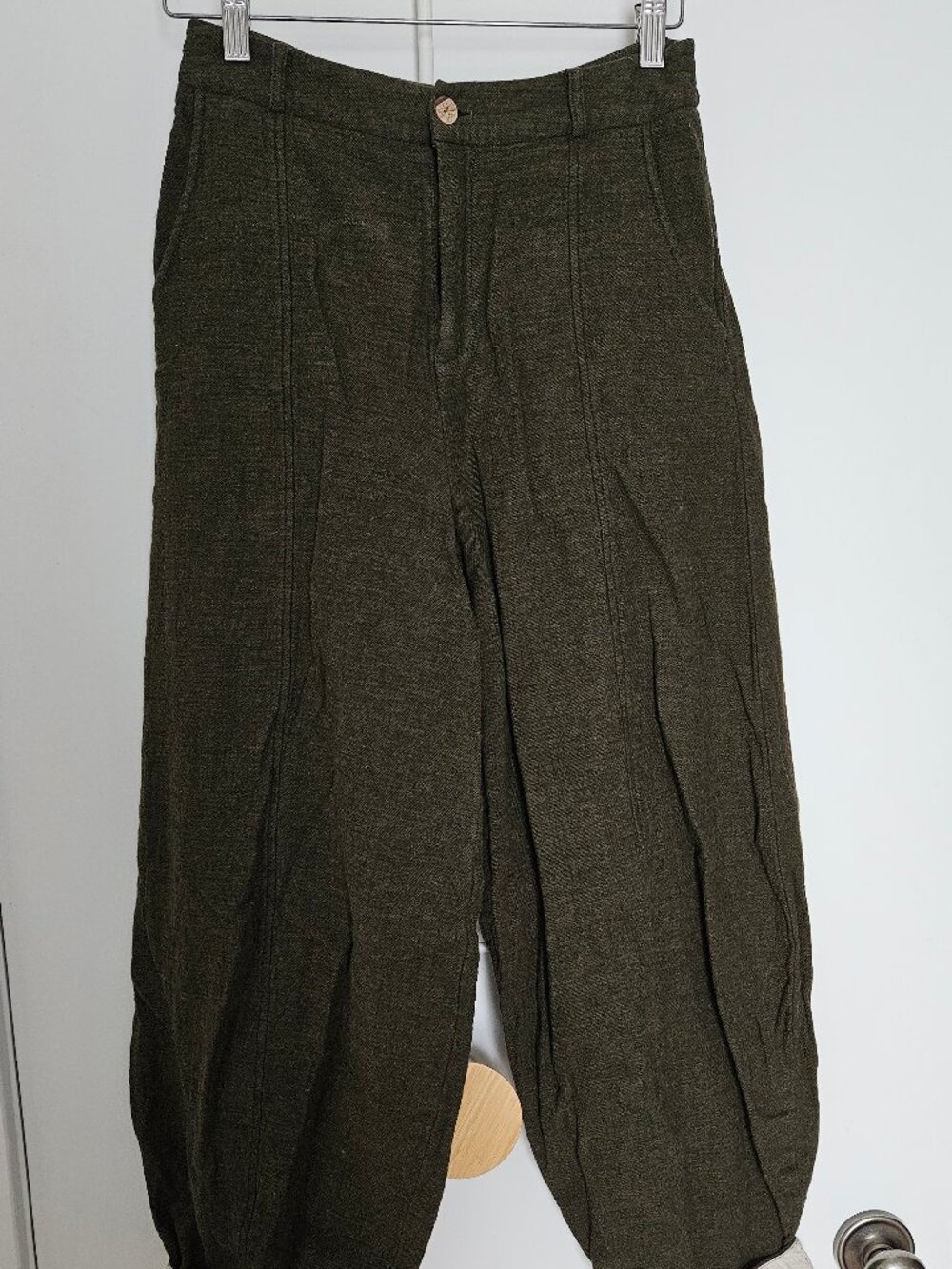 Army green barrel leg cuffed linen cotton pants